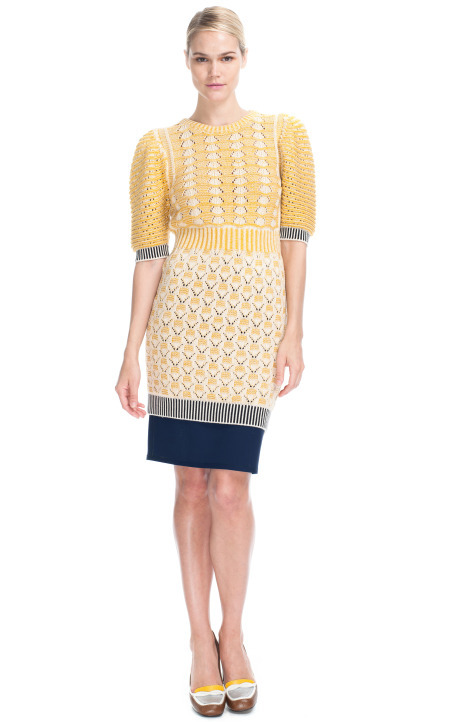 fendi-resort-2013-back-flounce-straight-skirt-short-sleeve-knit-dress-tan-lizard-high-heel-loafer