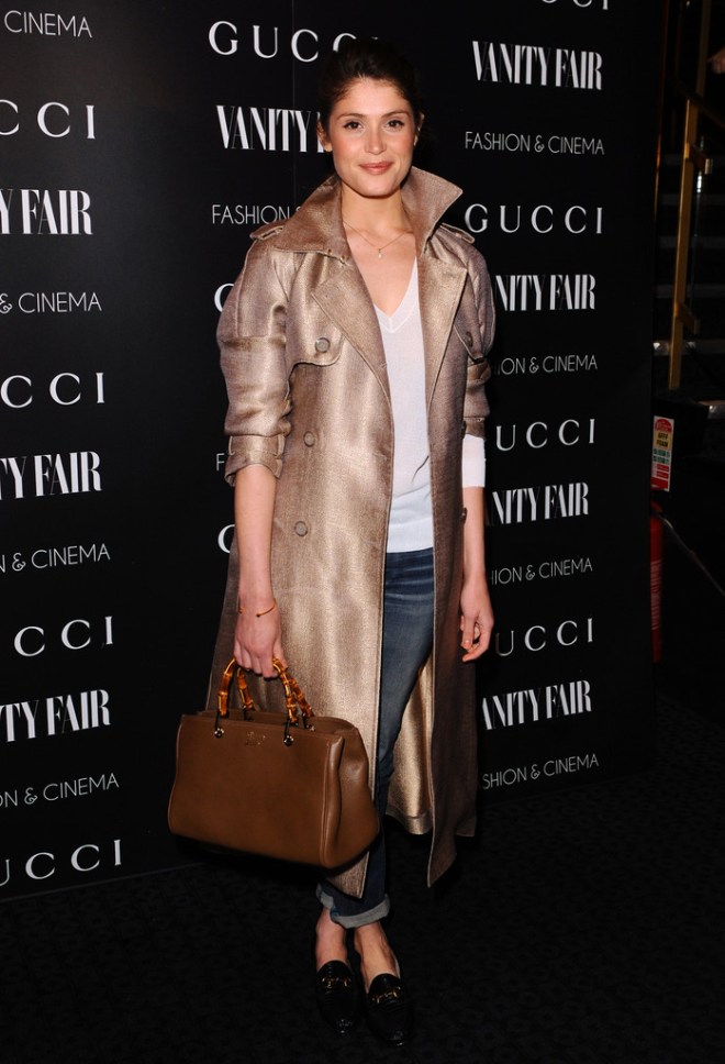 gemma-arterton-gucci-vanity-fair-the-director-london-screening-gucci-nude-double-breasted-canvas-trench-bamboo-leather-shopper-tote-patent-leather-horsebit-loafers